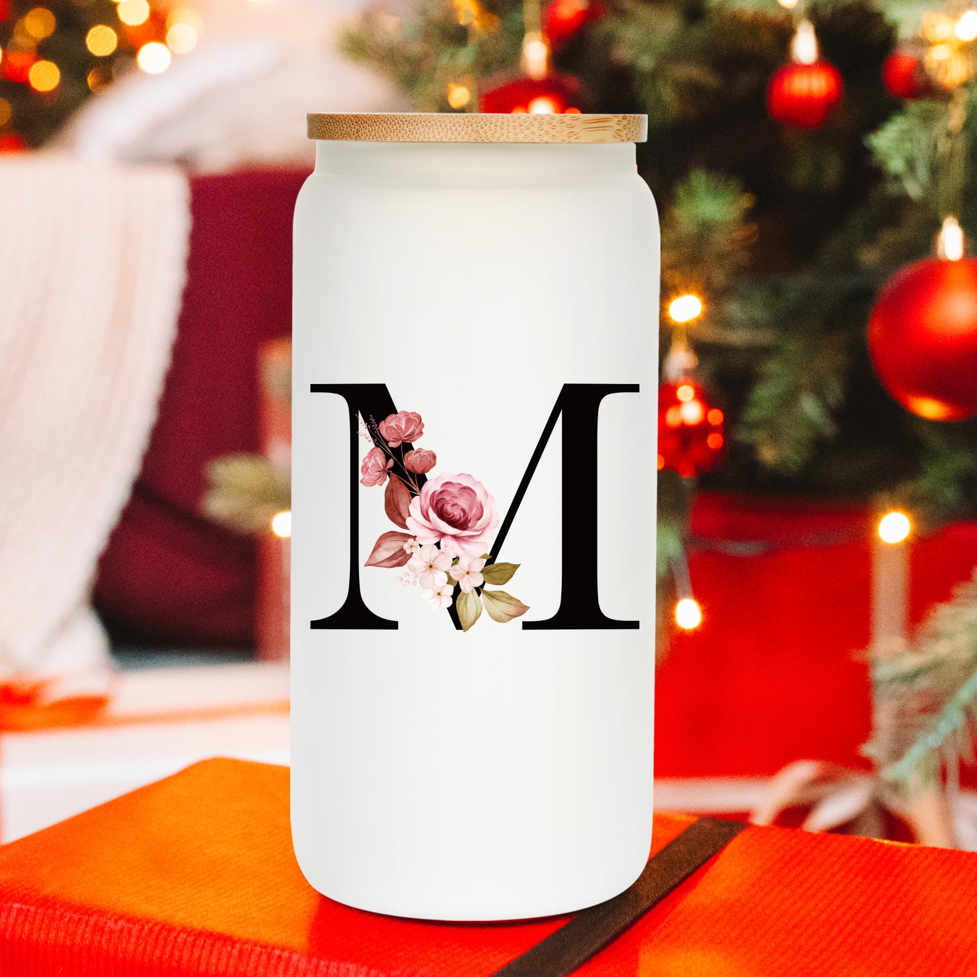 Personalized Gifts for Women, Monogrammed Frosted Glass Tumbler with Straw and Lid, Cute Customized Mug, Custom Initial Iced Coffee Glasses, Customizable Drinking Cup, Birthday Teacher Woman, M