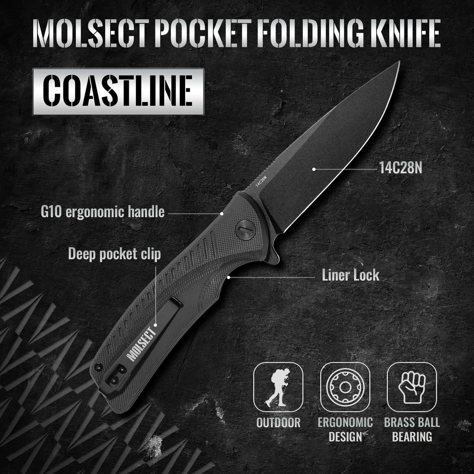 MOLSECT Coastline Pocket Folding Knife, Liner Lock EDC Knives 3.37" Satin 14C28N Blade G10 Handle, Everyday Carry Knife with Clip for Men Women Gift Outdoor Indoor Hiking Camping Fishing Work