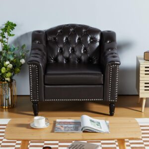 levnary chesterfield chair leather, upholstered sofa chair with high back, mid-century modern armchair with solid wood legs, single couches for living room (brown)