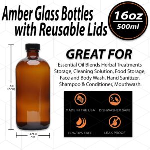 (2 Pack) - 16 oz Amber Glass Boston Round Bottles with Black 28-400 Airtight Phenolic Polycone Caps - Perfect Glass Containers for Secondary Fermentation, Storing condiment, Homemade Essential Oils