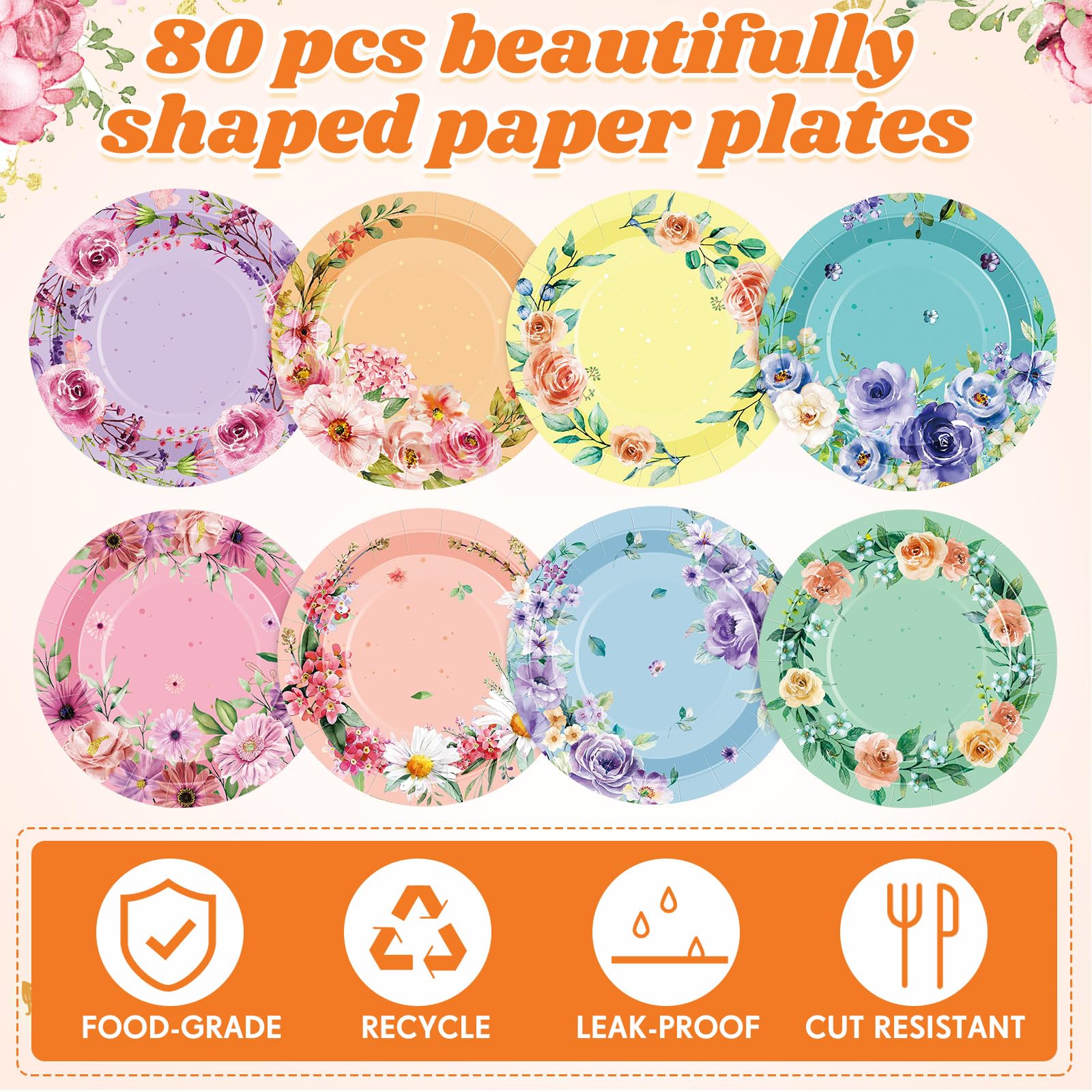 Suttmin 80 Pcs 7 Inch Floral Paper Plates Floral Party Plates Elegant Floral Disposable Plates Dinnerware Plates for Tea Party Wedding Bridal Shower Baby Shower Birthday and Party Decorations