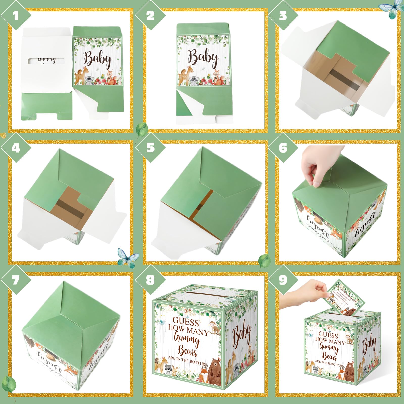 TrelaCo 82 Pcs Guess How Many Bears Baby Shower Game 1 Woodland Game Box 1 Baby Bottle 60 Guessing Cards 20 HB Pencils for Baby Shower Favors Games Gender Reveal