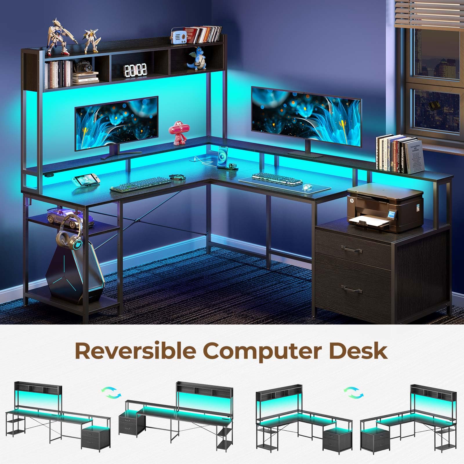 Rolanstar Computer Desk with File Drawers, 99.2" L Shaped Gaming Desk with Hutch, Reversible Desk with Power Outlet, LED Strip & Monitor Stand, 2 Person Home Office Desk, Black