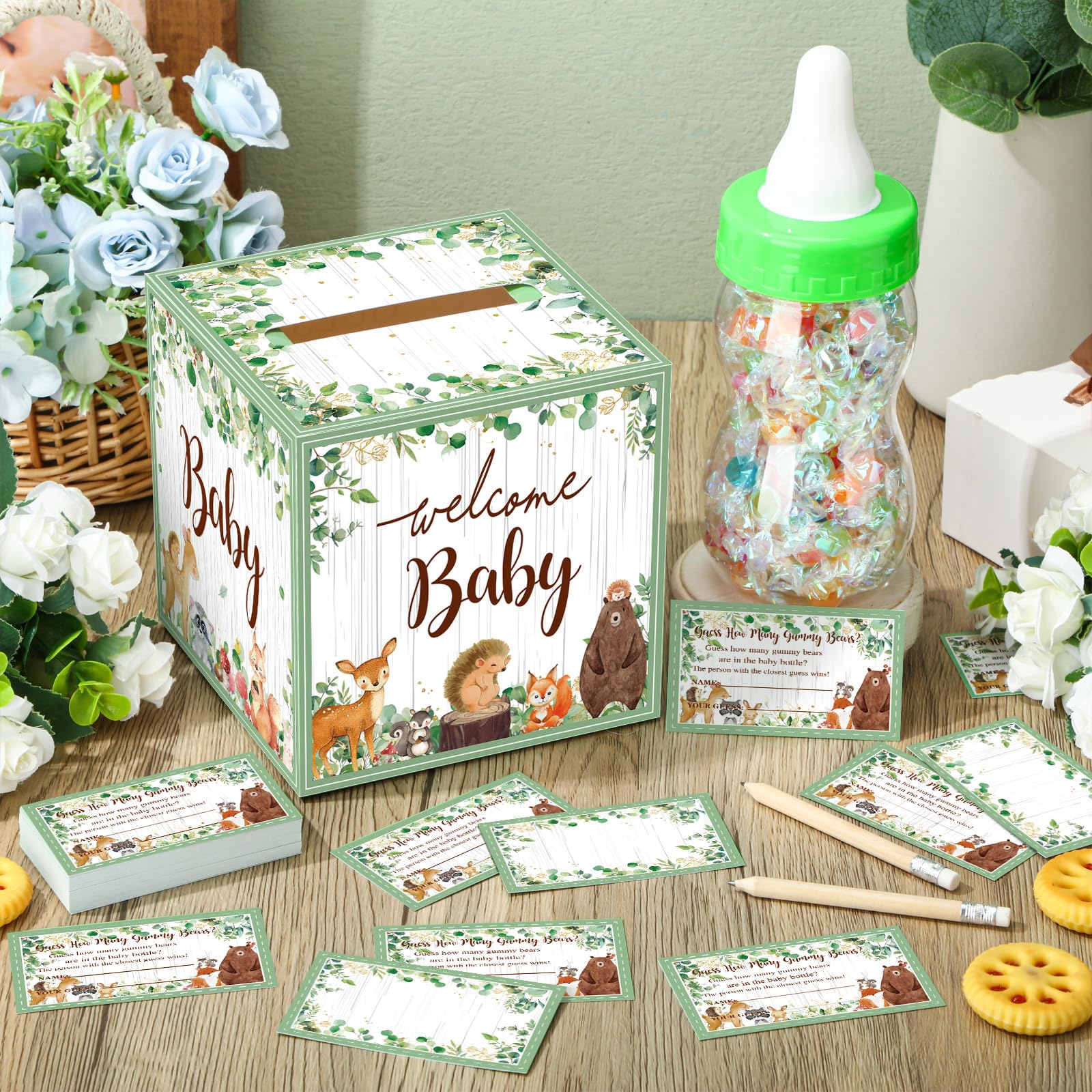 TrelaCo 82 Pcs Guess How Many Bears Baby Shower Game 1 Woodland Game Box 1 Baby Bottle 60 Guessing Cards 20 HB Pencils for Baby Shower Favors Games Gender Reveal