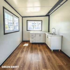 Green Swift 19x20FT Prefabricated Tiny Home: Mobile, Lockable Door, Outdoor Storage, Restroom & Cabinet - Ideal for Hotels, Kiosks, Booths, white