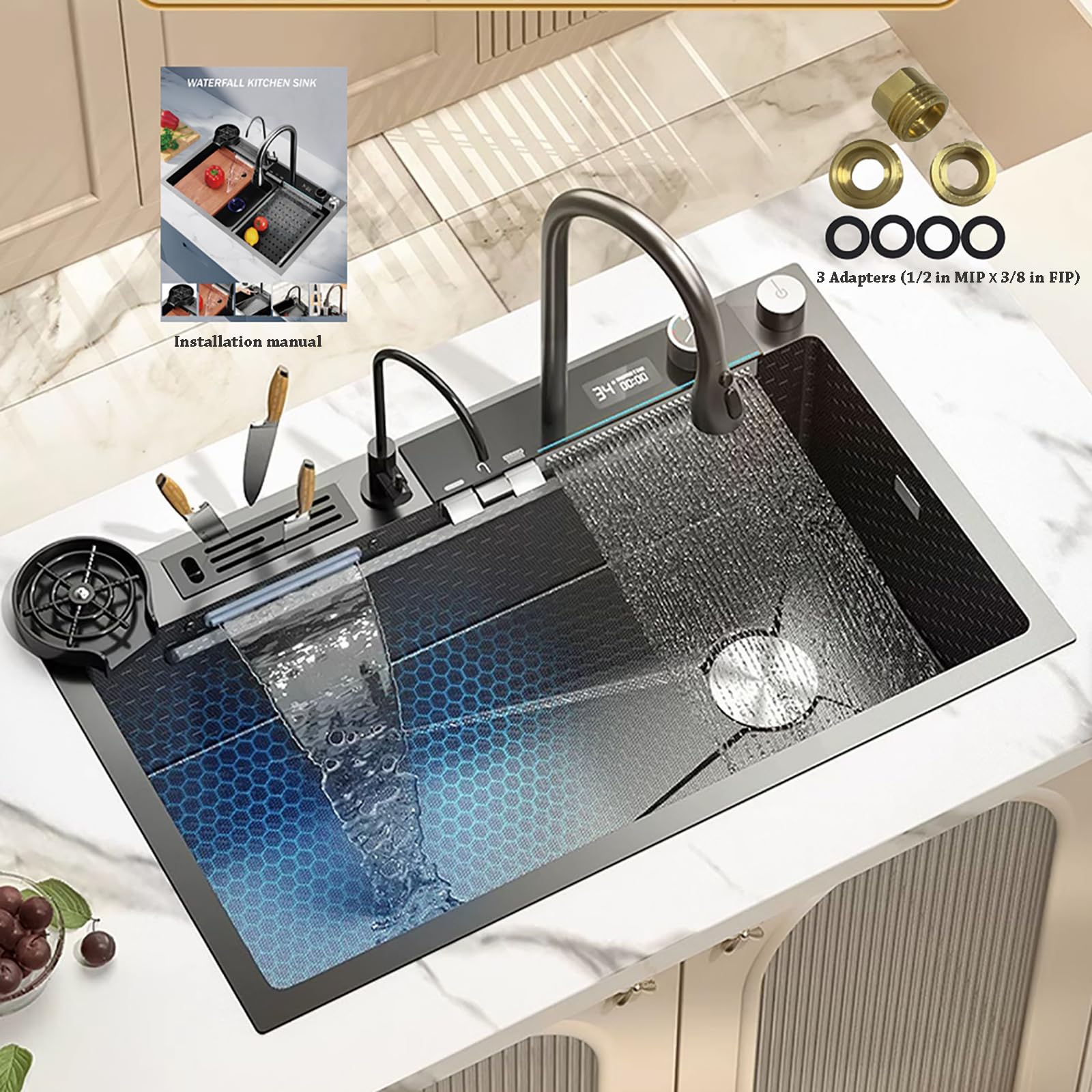 FVVJVV Stainless Steel Smart Waterfall Kitchen Sink Single Bowl Digital Display Honeycomb Nano Modern Workstation Sink with Pull Down Faucet Multifunctional Topmount Sink Handmade(31.5 x 18.1 inch)