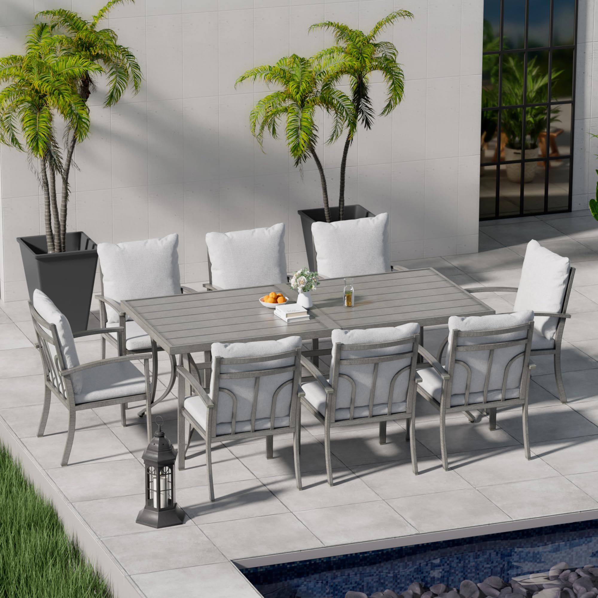 HAPPATIO 9-Piece Patio Outdoor Dining Set - All Aluminum Patio Table and Chairs Set for 8 Includes 1 Rectangular Dining Table and 8 Dining Chairs with Cushions, Patio Dining Set for Lawn, Garden