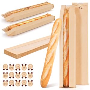 50 pack baguette bags for homemade bread with stickers, large sourdough paper bread bags with clear window, bread storage for homemade bread sourdough bread baking supplies (brown, 23.5*4.3*1.6 inch)