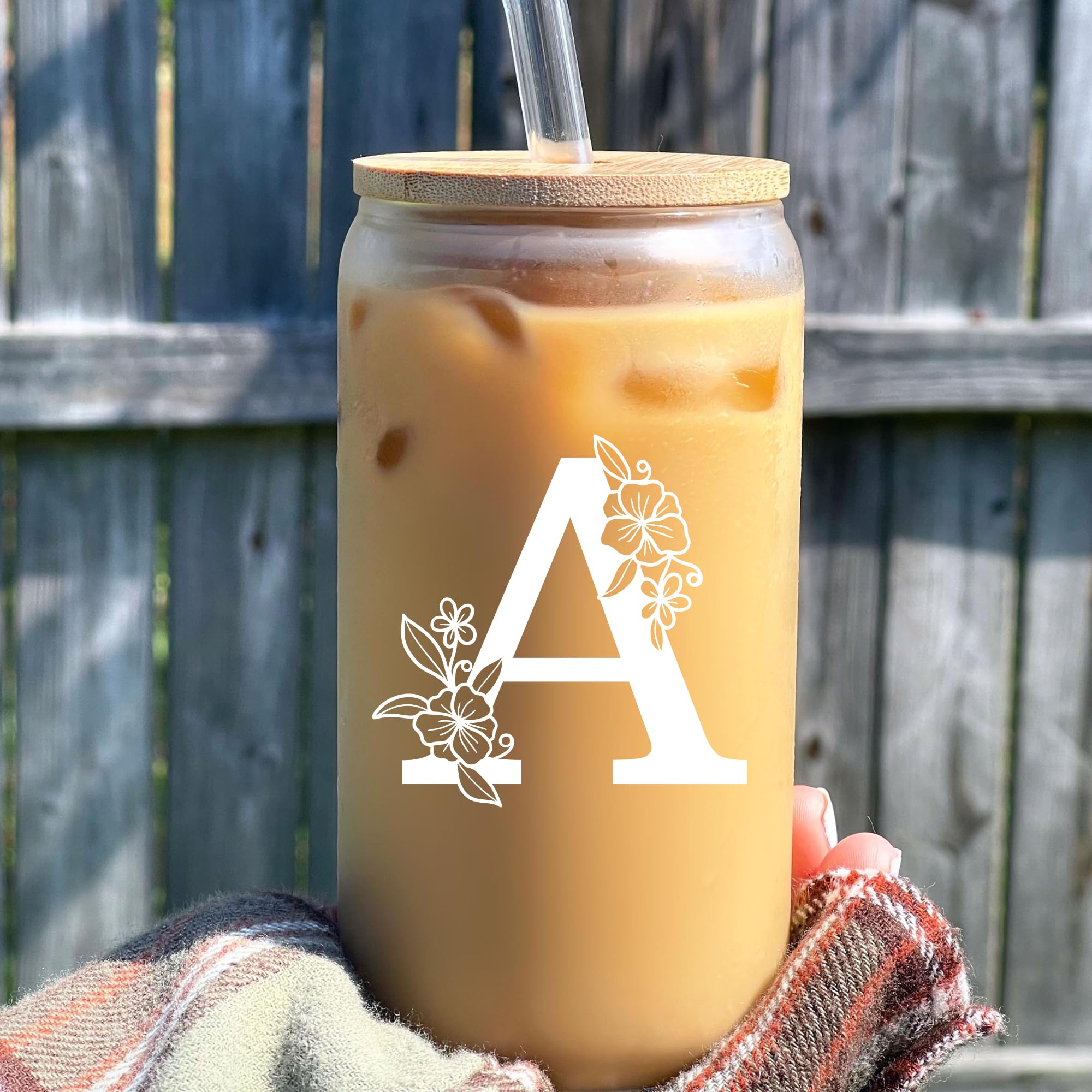 Personalized Tumbler, Monogrammed Can Glass Cups with Bamboo Lids and Straws, Customized Gifts for Women, Cute Design Initial Iced Coffee glasses, Custom Letter Mug, Birthday Bridesmaid, A