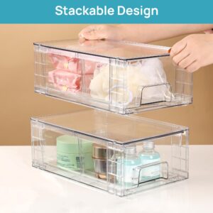 4 Pack Stackable Storage Drawers,Clear Acrylic Drawer Organizers with Handles, Easily Assemble for Fridge, Bathroom,Kitchen Undersink,Cabinet,Pantry organization and Storage