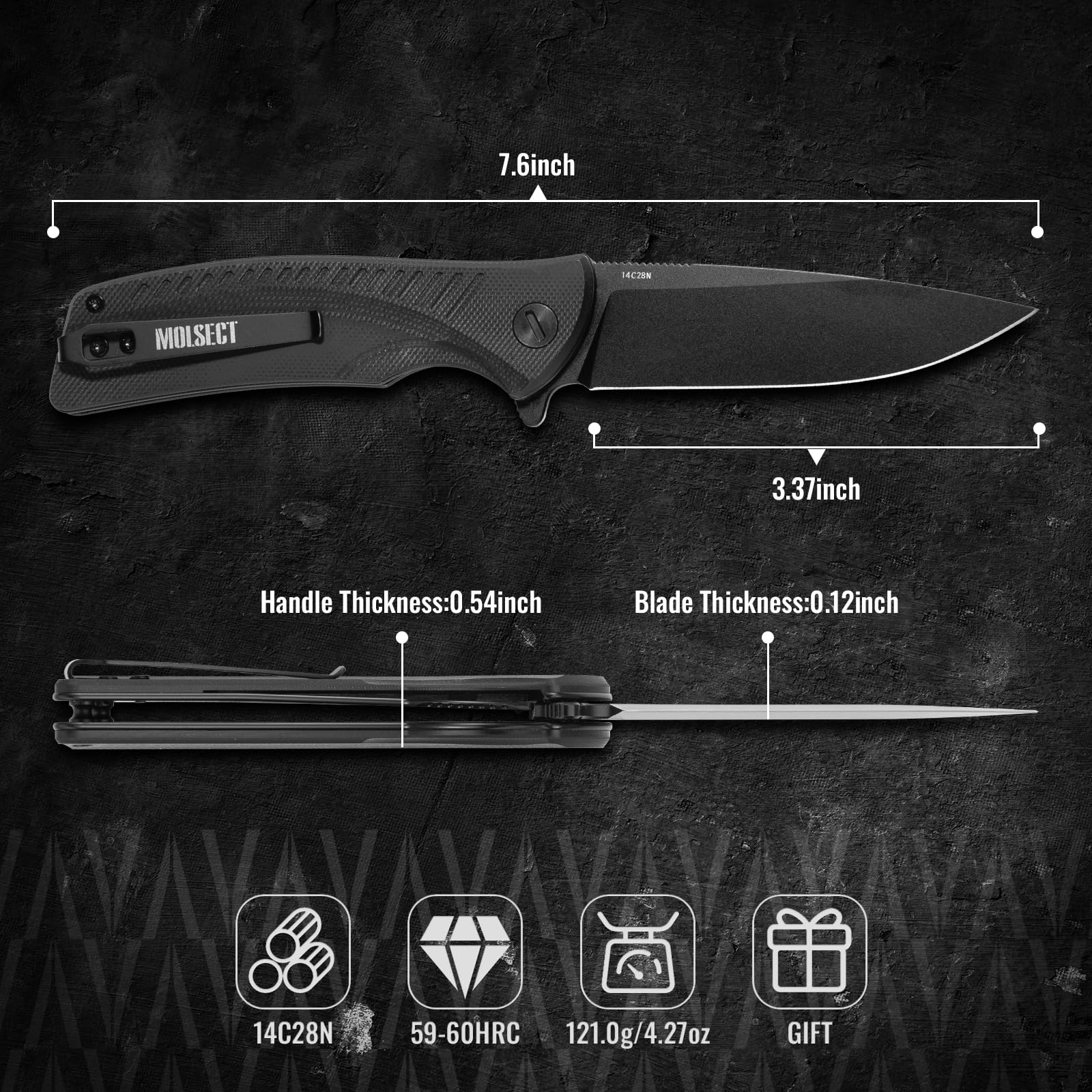 MOLSECT Coastline Pocket Folding Knife, Liner Lock EDC Knives 3.37" Satin 14C28N Blade G10 Handle, Everyday Carry Knife with Clip for Men Women Gift Outdoor Indoor Hiking Camping Fishing Work