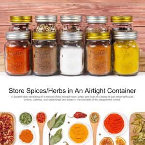 CycleMore 30 Pack 4oz Glass Mason Spice Jars, Round Spice Containers with Silver Metal Caps and Pour/Sift Shaker Lids-80pcs Labels,1pcs Silicone Collapsible Funnel,1pcs Brush and 1pcs Pen Included