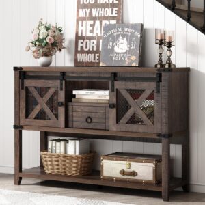 hlivelood farmhouse entryway table with 2 sliding barn doors & drawer, 46'' rustic console table with storage, open shelf space, industrial sofa table for living room, entryway, hallway, brown