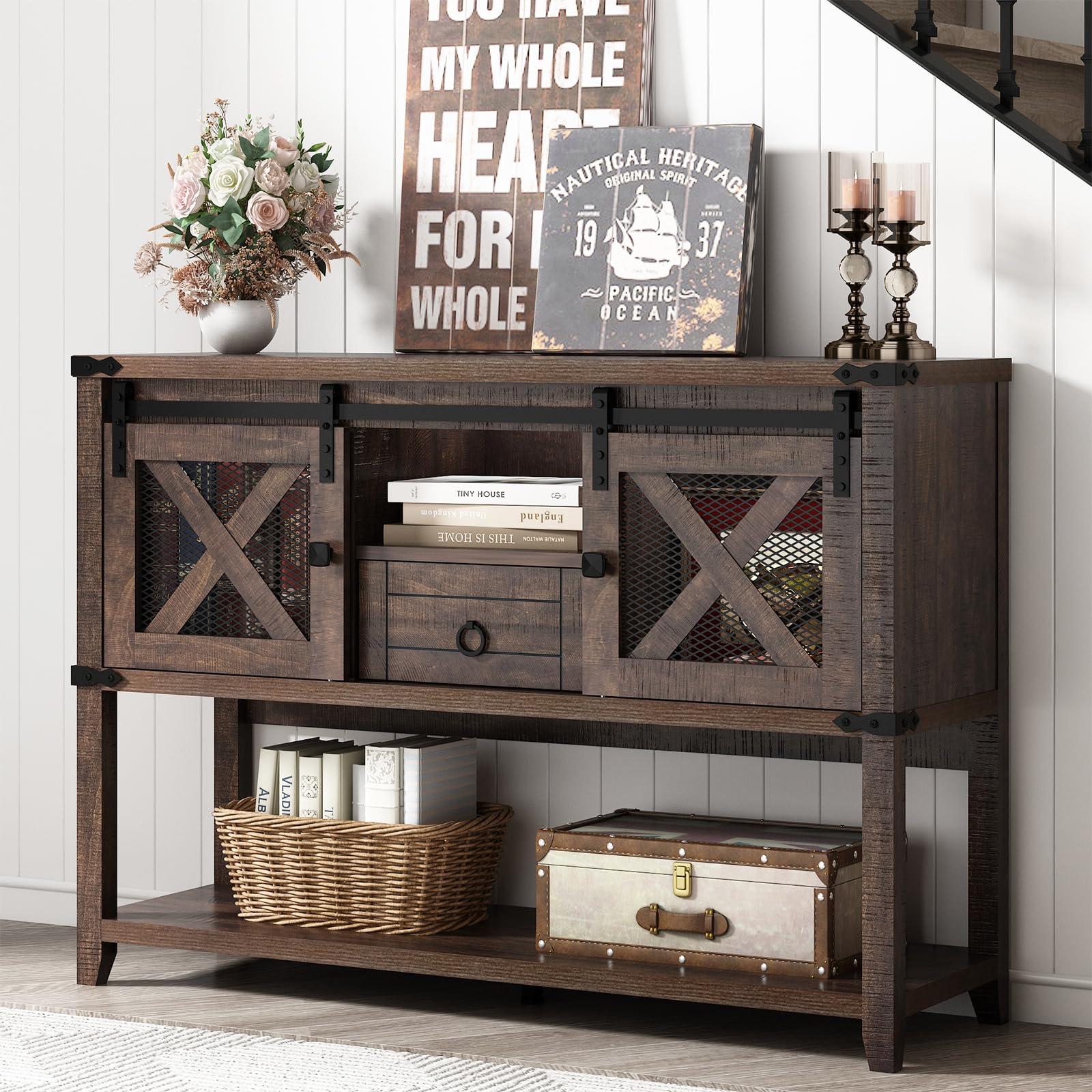 Hlivelood Farmhouse Entryway Table with 2 Sliding Barn Doors & Drawer, 46'' Rustic Console Table with Storage, Open Shelf Space, Industrial Sofa Table for Living Room, Entryway, Hallway, Brown