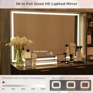 T4TREAM Fluted Makeup Vanity Desk with 36" HD Lighted Mirror, 48" Big Modern Vanity Desk with Mirror and Lights, Dressing Table with 5 Drawers & Shelves, Glass Top for Bedroom, Dark Grey