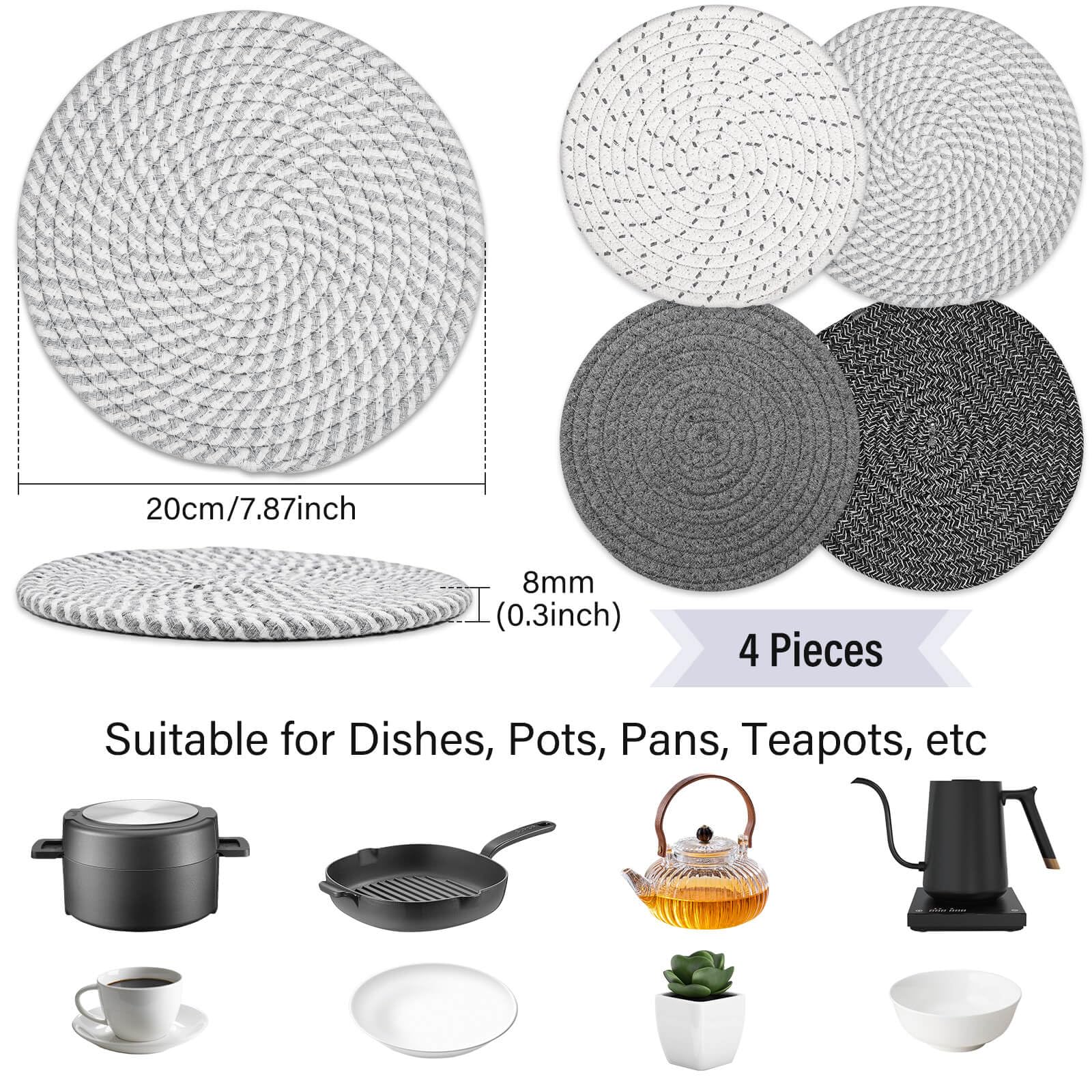 Tidponra 8" Trivets Set for Hot Dishes, 4 Heat Resistant Pot Holders Kitchen Counter, Table, Home Essentials, Anti Stain Hot Pads Plate Mats for Hot pots and Pans