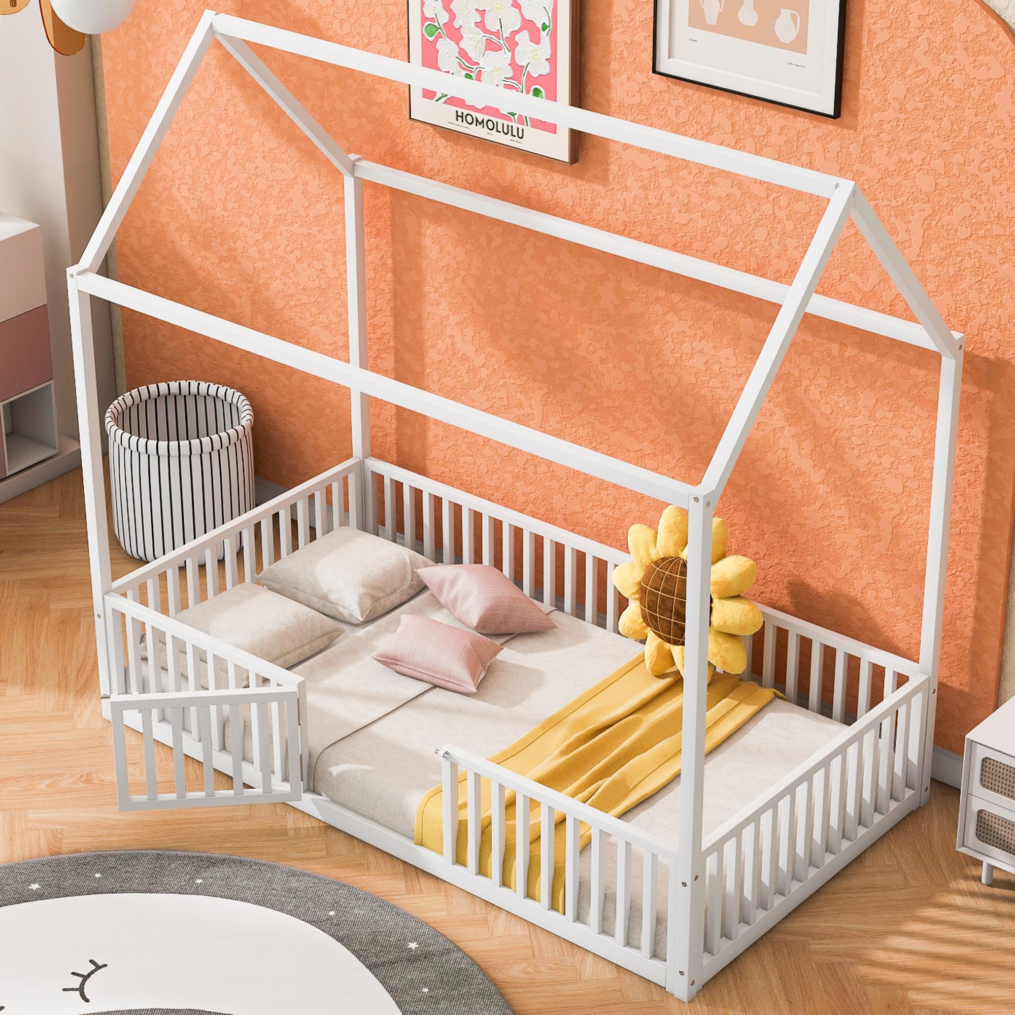 Bellemave Twin Size Montessori House Bed for Kids, Metal Floor Beds with Fence Railings & Door, Twin Playhouse Bed for Boys Girls, Box Spring Needed, White