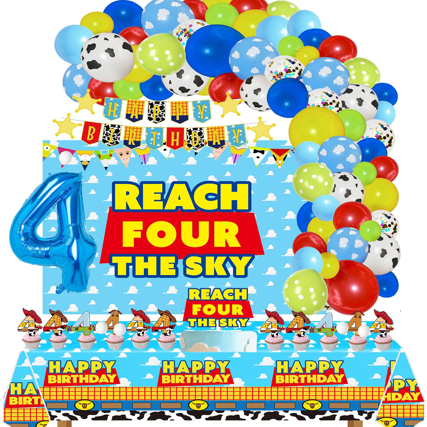 Xrjnfhi Cartoon Story 4th Birthday Party Supplies Reach Four The Sky Birthday Decorations include Balloon Arch kits Backdrop Banner Cake Cupcake Toppers Tablecloth for Boys Girls 4th Bday Decor