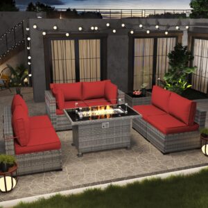 Amopatio Patio Furniture with Fire Pit, Outdoor Patio Furniture Wicker Furniture, 8 Pieces Outdoor Sectional Sofa with Patio Furniture Cover, 44" Gas Fire Pit Table (Light Red)