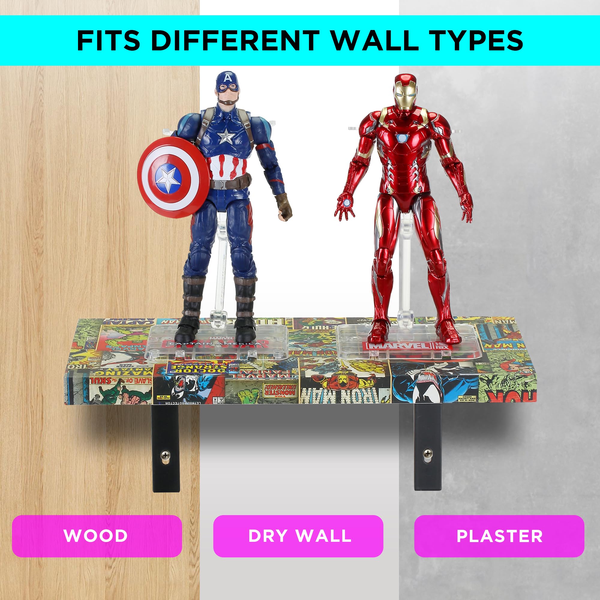 POP Creations Marvel Retro Comics Wooden Shelves, 2-Pc Wood Shelves for Wall, 12x6-Inch Wall Mounted Bedroom Shelves & Decor, Paper Wrapped Wall Shelves for Bedroom