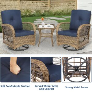 SOCIALCOMFY 3-Piece Patio Wicker Conversation Bistro Set, Rattan Gliding Rocking Swivel Chairs with Cushion and Glass Top Side Table Outdoor Furniture Sets for Garden Backyard, Navy Blue