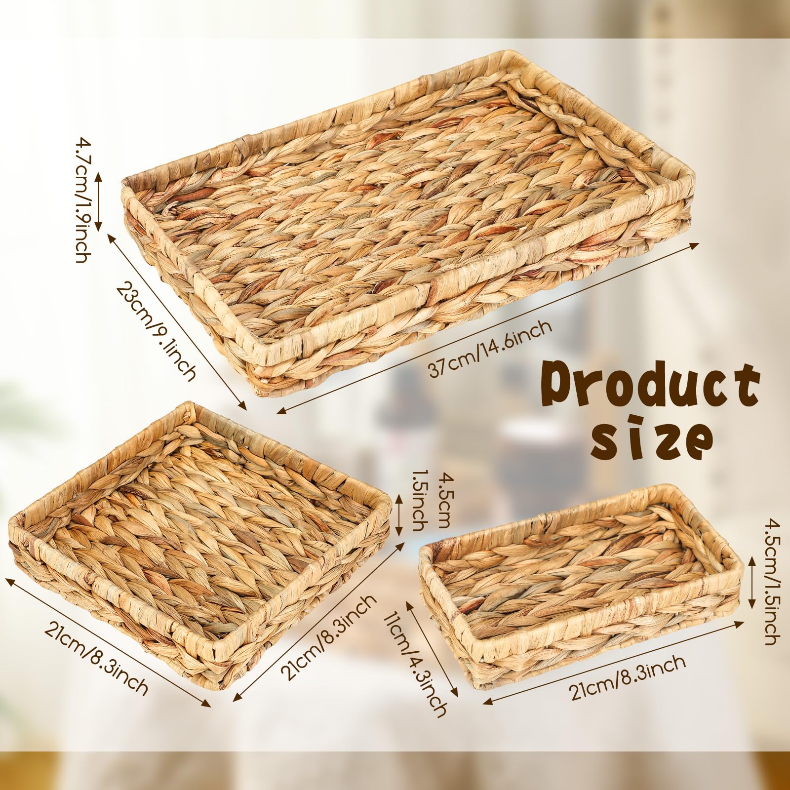 Yoande 3 Pieces Woven Seagrass Tray Rectangular Rustic Wicker Serving Baskets Water Hyacinth Decorative Storage Trays for Tea, Vegetable, Arts and Crafts Organizing Bathroom Tabletop Kitchen Counter