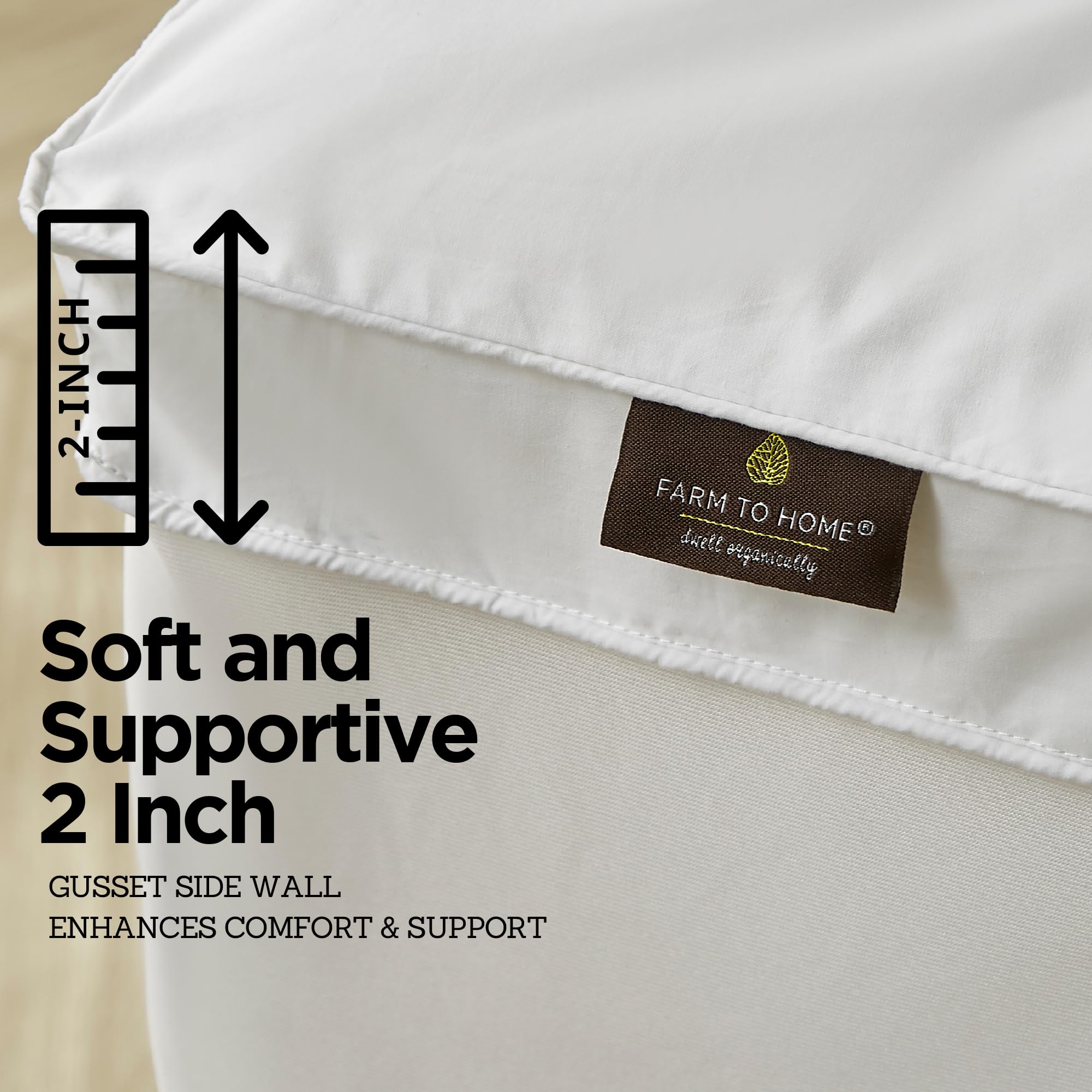 Farm to Home Organic Cotton Mattress Protector King Size - 2" Gusset Pillowtop Mattress Pad Cover Down Alternative Filled with 16 Inch Elastic Deep Pocket Mattress Topper – White