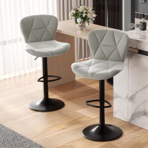 nalupatio modern bar stools set of 2, adjustable faux leather upholstered swivel bar stools, counter height bar chairs with back for kitchen island, light grey