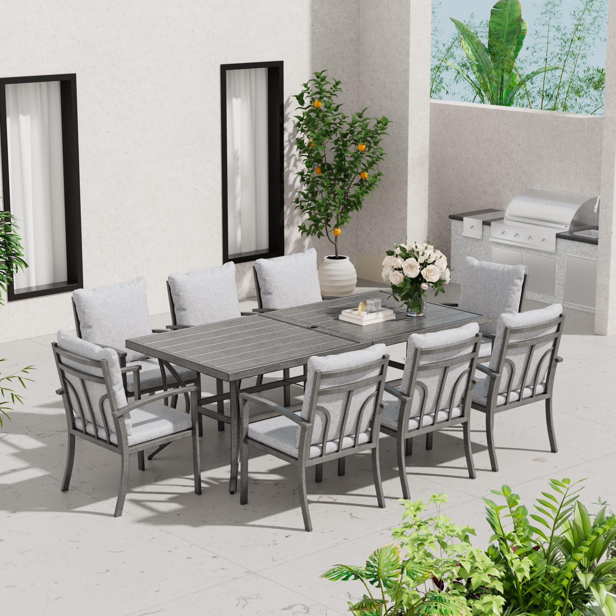 HAPPATIO 9-Piece Patio Outdoor Dining Set - All Aluminum Patio Table and Chairs Set for 8 Includes 1 Rectangular Dining Table and 8 Dining Chairs with Cushions, Patio Dining Set for Lawn, Garden