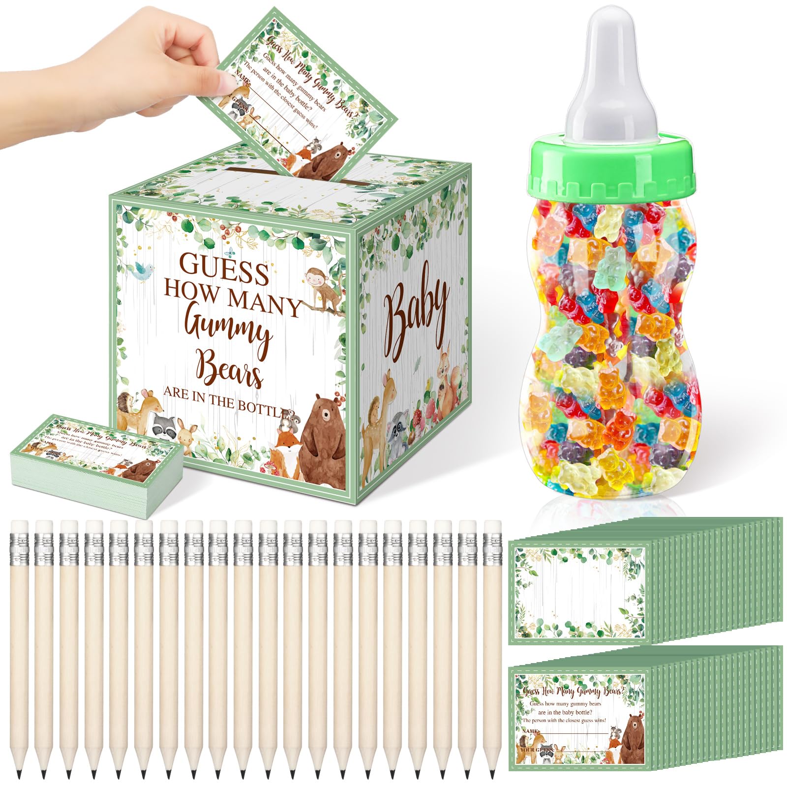 TrelaCo 82 Pcs Guess How Many Bears Baby Shower Game 1 Woodland Game Box 1 Baby Bottle 60 Guessing Cards 20 HB Pencils for Baby Shower Favors Games Gender Reveal