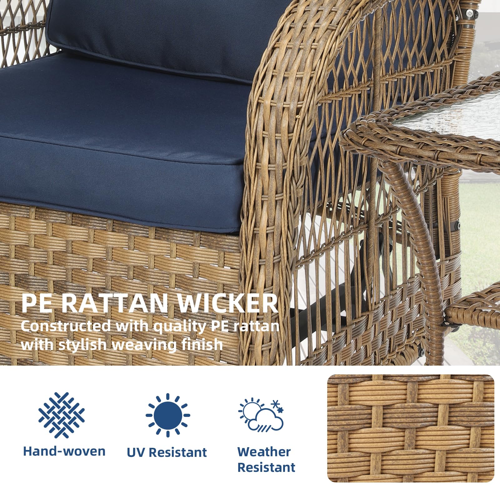 SOCIALCOMFY 3-Piece Patio Wicker Conversation Bistro Set, Rattan Gliding Rocking Swivel Chairs with Cushion and Glass Top Side Table Outdoor Furniture Sets for Garden Backyard, Navy Blue