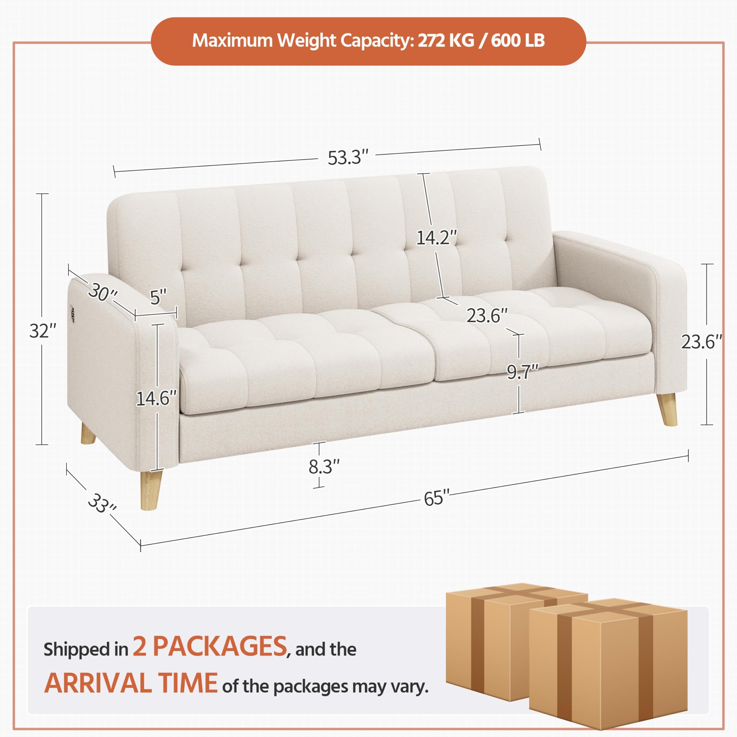 Yaheetech 2-Seater Fabric Sofa Loveseat with USB Ports Mid-Century Modern 65? W Couch Sofa with Solid Wood Legs for Living Room Apartment Bedroom Office Beige