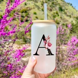 Personalized Gifts for Women, Monogrammed Frosted Glass Tumbler with Straw and Lid, Cute Customized Mug, Custom Initial Iced Coffee Glasses, Customizable Drinking Cup, Birthday Teacher Woman, M