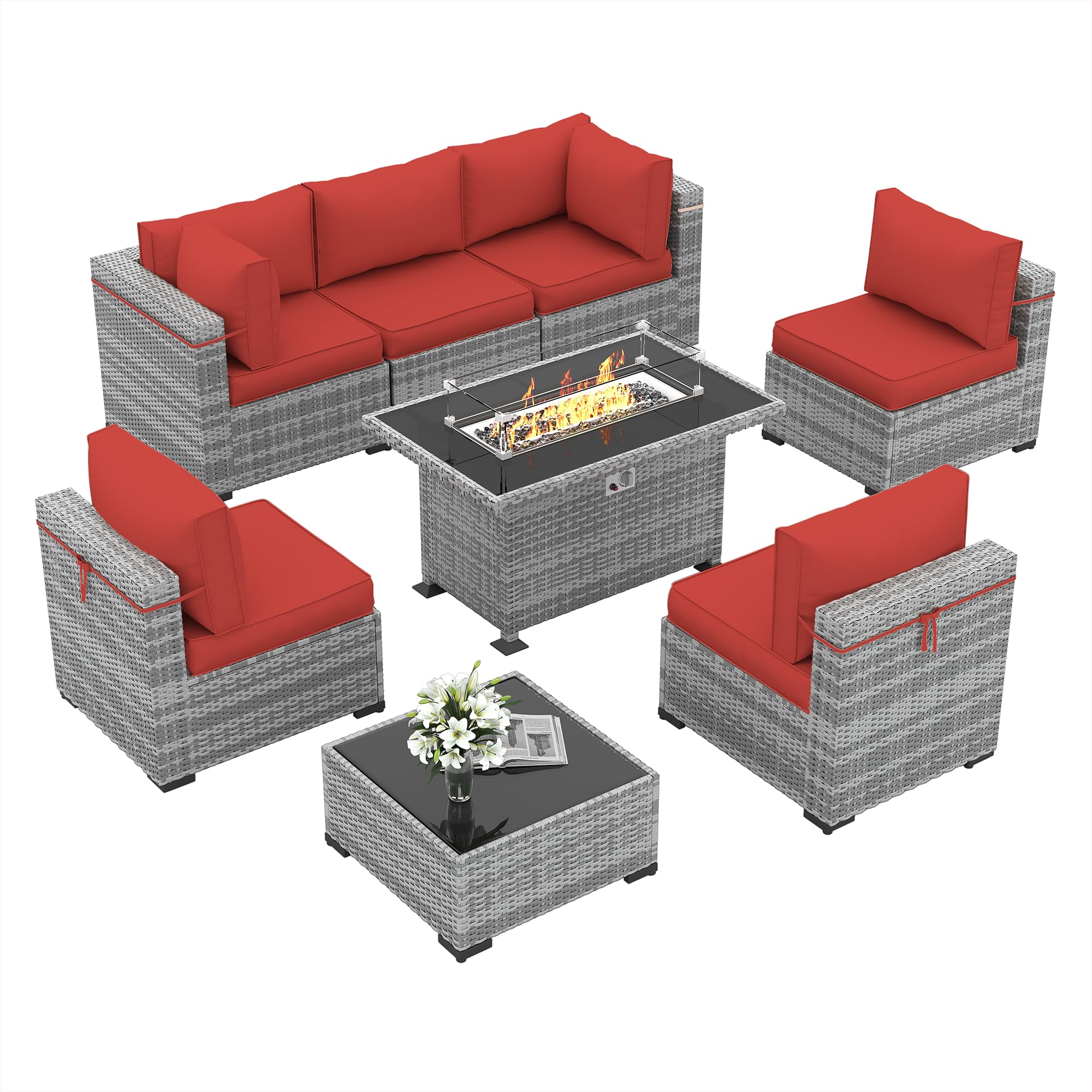 Amopatio Patio Furniture with Fire Pit, Outdoor Patio Furniture Wicker Furniture, 8 Pieces Outdoor Sectional Sofa with Patio Furniture Cover, 44" Gas Fire Pit Table (Light Red)