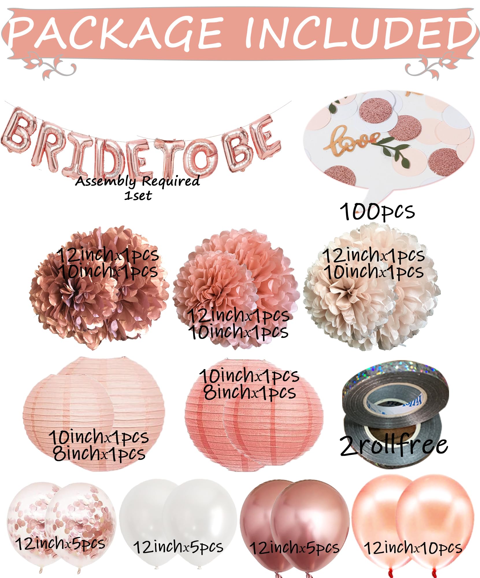 Bachelorette Party Decorations - Bridal Shower Party Decor and Supplies Kit for Wedding With Foil Balloons Table Confetti Scatters Hanging Paper Lantern Tissue Flowers (Rose Gold)