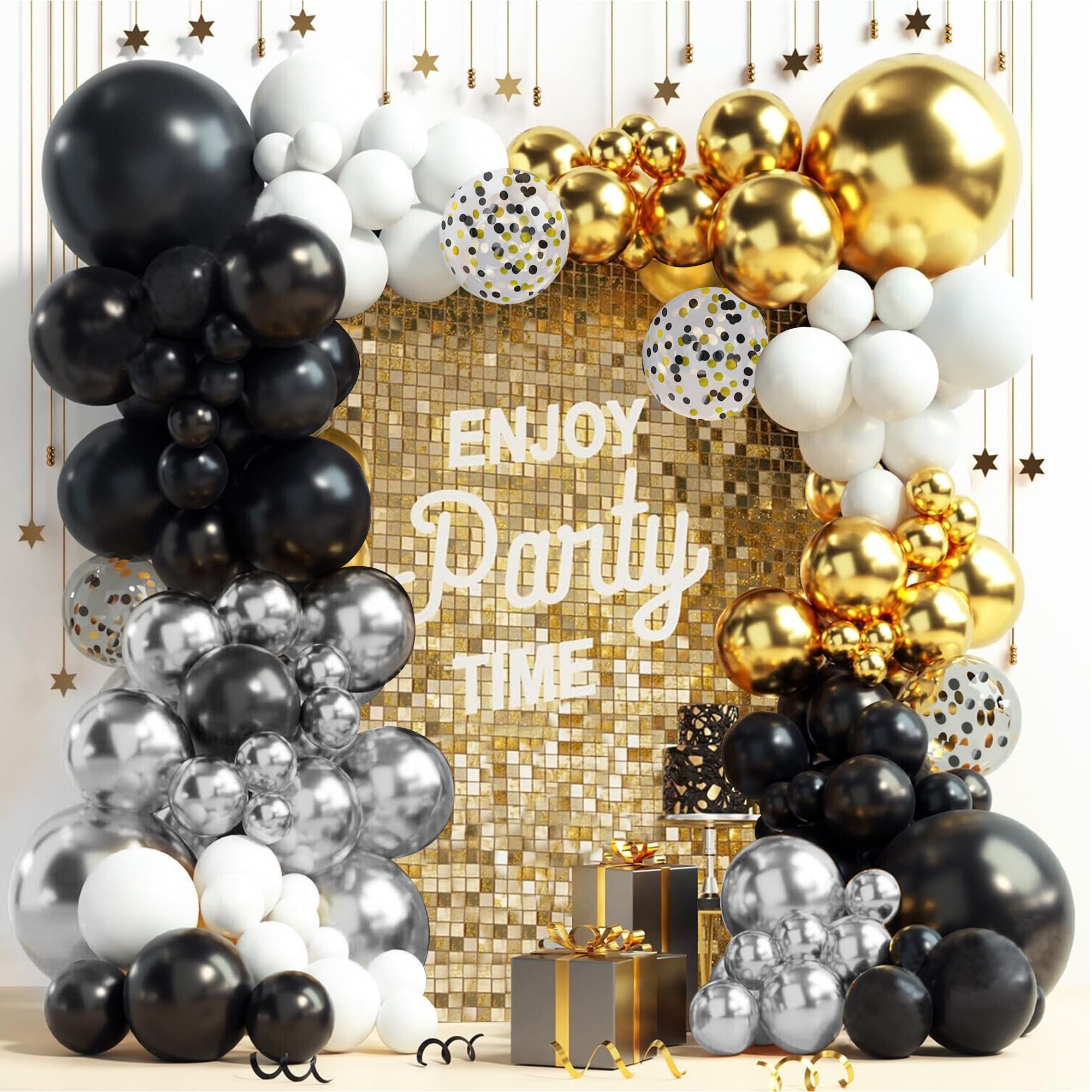 144PCS Black Glod Sliver Balloons Garland Arch Kit Black Gold Confetti Balloons for Birthday Graduation Baby Shower Wedding Retirement Anniversary Party Decorations