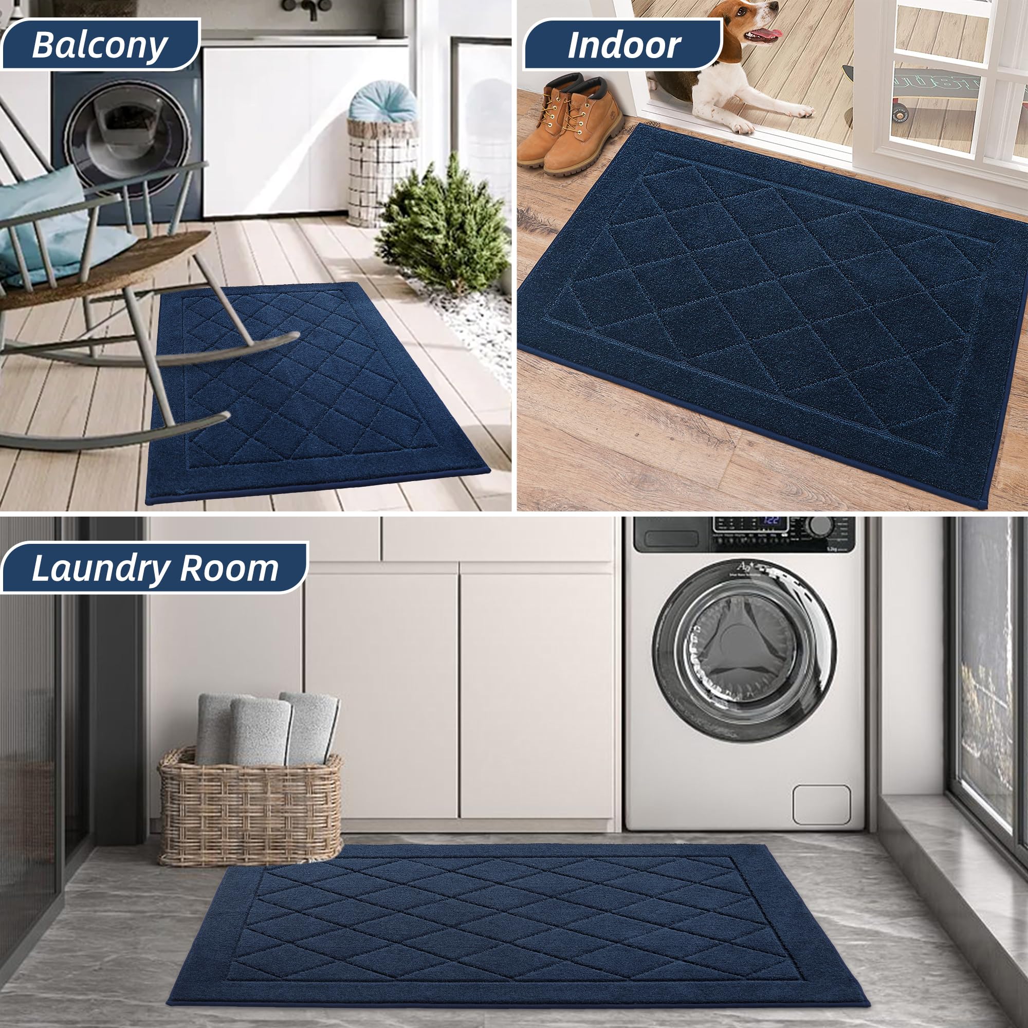 BEQHAUSE Dirt Trapper Door Mat 32" x 48", Non-Slip Machine Washable Entryway Rug, Dog Door Mat Indoor, Stain Resistant and Absorbent Welcome Mat for Front Back Door, Muddy Wet Shoes & Paws, Navy Blue