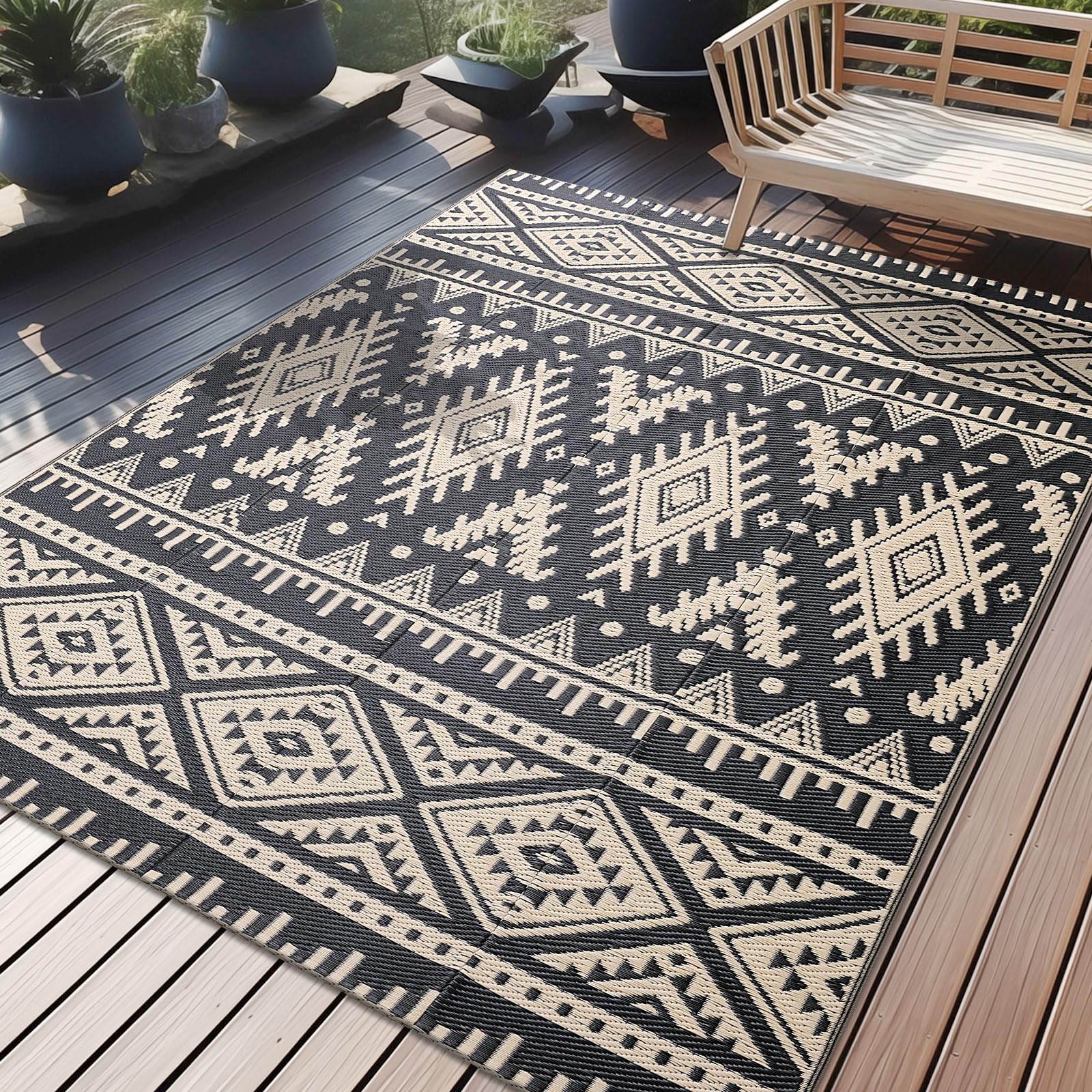 OLANLY Outdoor Rug Waterproof 5x8 ft, Reversible Outdoor Plastic Straw Rug, Boho Patio Rug, Indoor Outdoor Carpet, RV Mat Outside for Patio, Camp, Picnic, Balcony, Deck, Backyard, Black & Beige