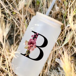 Personalized Gifts for Women, Monogrammed Frosted Glass Tumbler with Straw and Lid, Cute Customized Mug, Custom Initial Iced Coffee Glasses, Customizable Drinking Cup, Birthday Teacher Woman, M