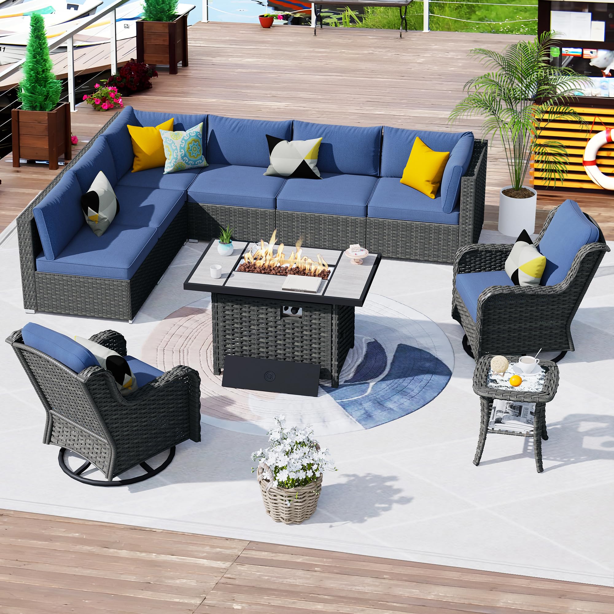 XIZZI Patio Furniture with Swivel Rocking Chairs,10 PCS Outdoor Sectional Sofa with 42" 50000 BTU Propane Fire Pit Table and Side Table,All Weather PE Rattan Outside Conversation Set (Denim Blue)