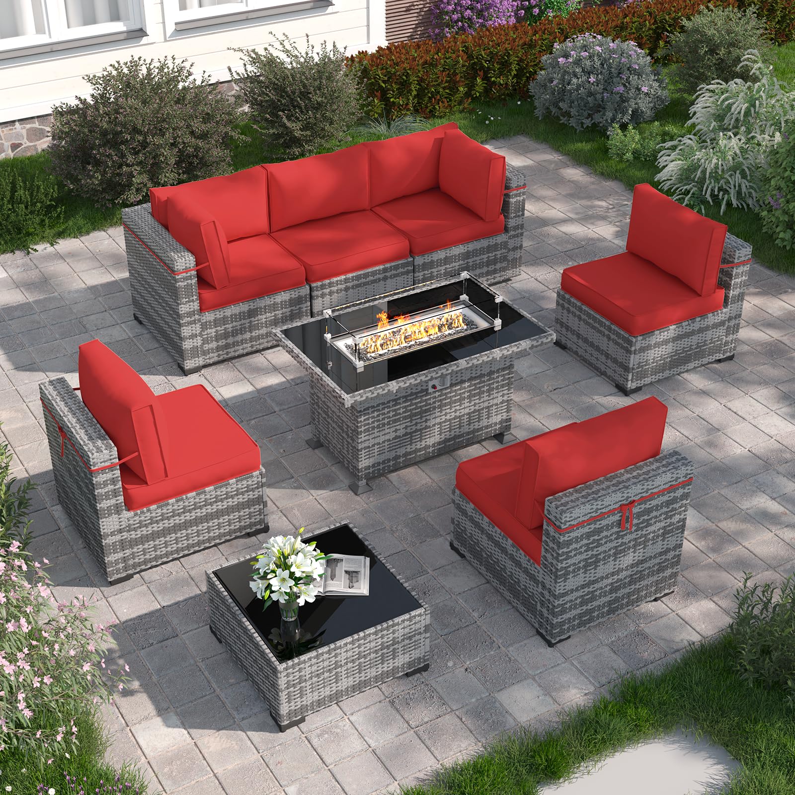 Amopatio Patio Furniture with Fire Pit, Outdoor Patio Furniture Wicker Furniture, 8 Pieces Outdoor Sectional Sofa with Patio Furniture Cover, 44" Gas Fire Pit Table (Light Red)