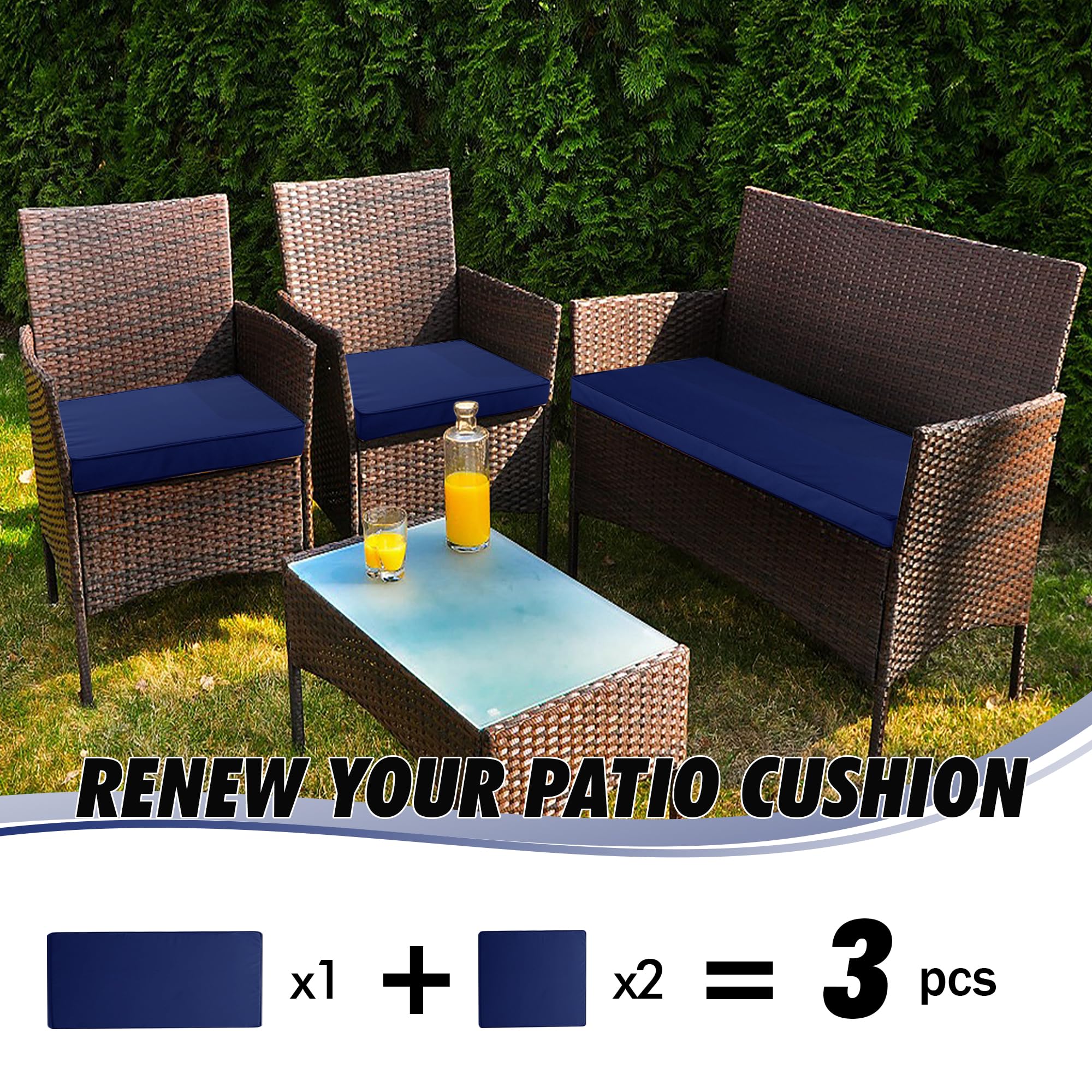 Comcaver 3 Pack Patio Cushion Covers Set Outdoor Cushion and Pillow Replacement for 4 Pieces 4 Seater Outdoor Furniture Sofa Waterproof Cushion Slipcovers Set for Wicker Rattan Sofa Navy Covers ONLY