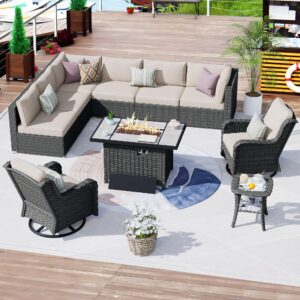 xizzi patio furniture with swivel rocking chairs,10 pcs outdoor sectional sofa with 42" 50000 btu propane fire pit table and side table,all weather pe rattan outside conversation set (beige)