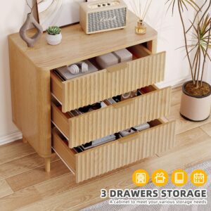 DWVO 3 Drawer Dresser, 32 inch Tall and Wider Modern Closet Dressers Chest of Drawers with Waveform Fluted Panel, Wood Storage Dresser Organizer for Dorms, Flats, Living Rooms, Hallways, Natural Oak