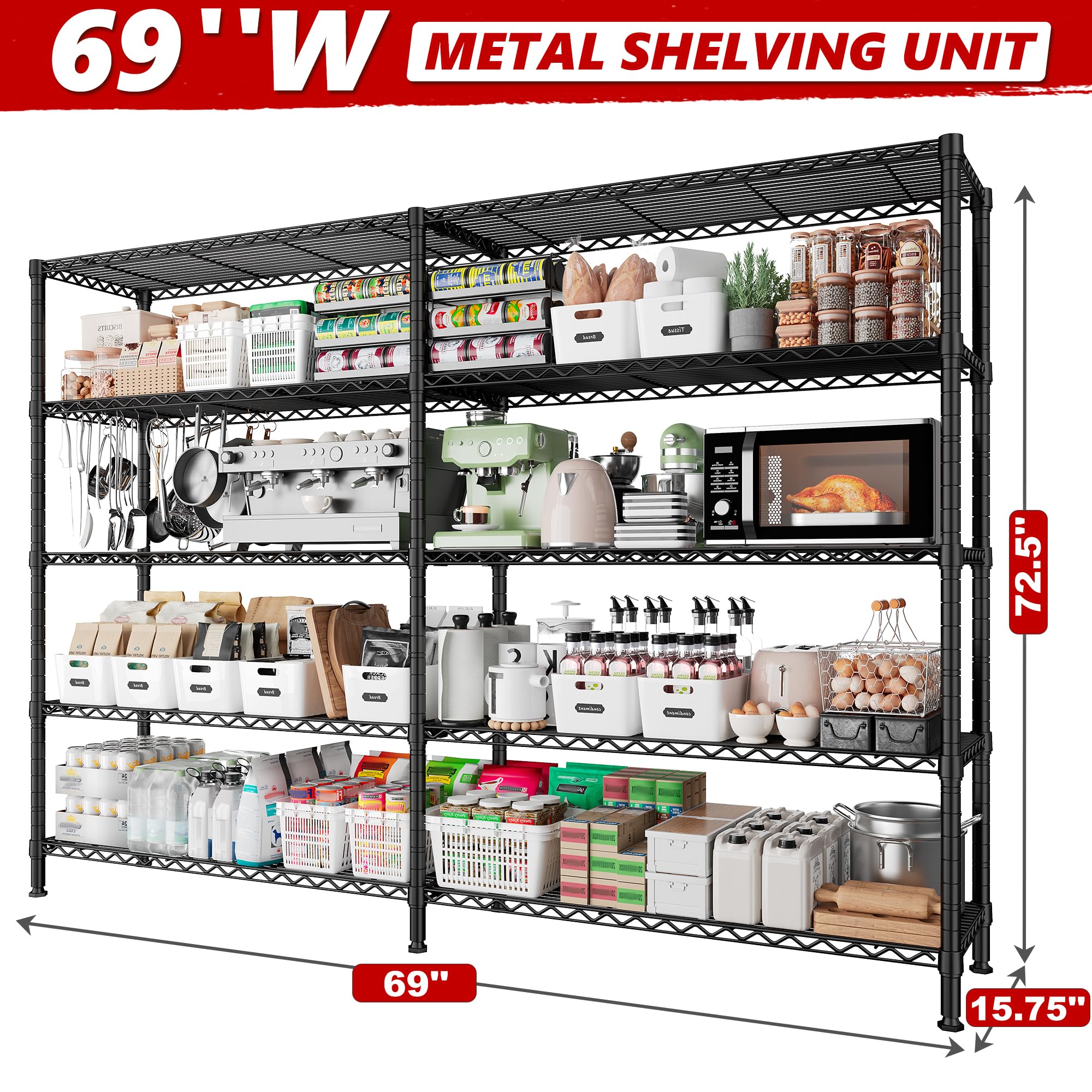 REIBII 69" W Storage Shelves Heavy Duty Load 1600LB,Garage Shelving 5-Tier Wire Shelving Unit Metal Shelves for Storage Adjustable Shelving Rack for Pantry Kitchen Bathroom 69" Wx15.75 Dx72.5 H