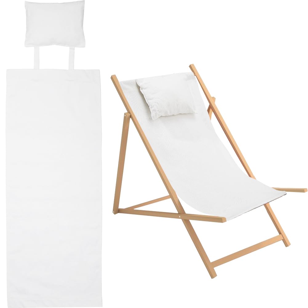 GORGECRAFT 44x16 Beach Sling Chair Canvas Cloth with Pillow 1.5mm Thick White Casual Lounge Chair Replacement Canvas Outdoor Folding Chair Fabric for Patio Beach Sunbathing Garden Courtyard