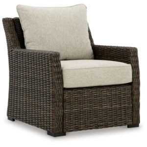 Signature Design by Ashley Brook Ranch Casual Weather Resistant Outdoor Lounge Chair with Cushion, Dark Brown & Beige