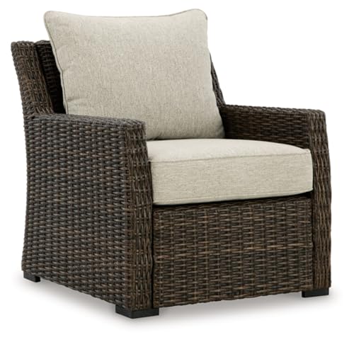 Signature Design by Ashley Brook Ranch Casual Weather Resistant Outdoor Lounge Chair with Cushion, Dark Brown & Beige