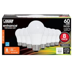 feit electric a19 led light bulbs, 60w equivalent, dimmable, e26 standard base, 90 cri, 800 lumens, 2700k soft white, 120v, 22 years lifetime, damp rated, 8 pack, om60dm/927ca/8