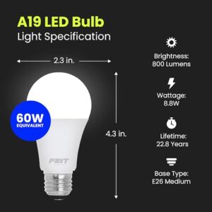 Feit Electric A19 LED Light Bulbs, 60W Equivalent, Dimmable, E26 Standard Base, 90 CRI, 800 Lumens, 2700K Soft White, 120V, 22 Years Lifetime, Damp Rated, 8 Pack, OM60DM/927CA/8